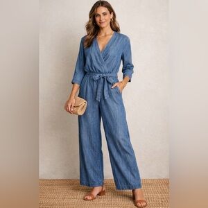 Cloth & Stone Chambray Wrap Jumpsuit Wide Leg Tie Waist Anthropologie Brand L